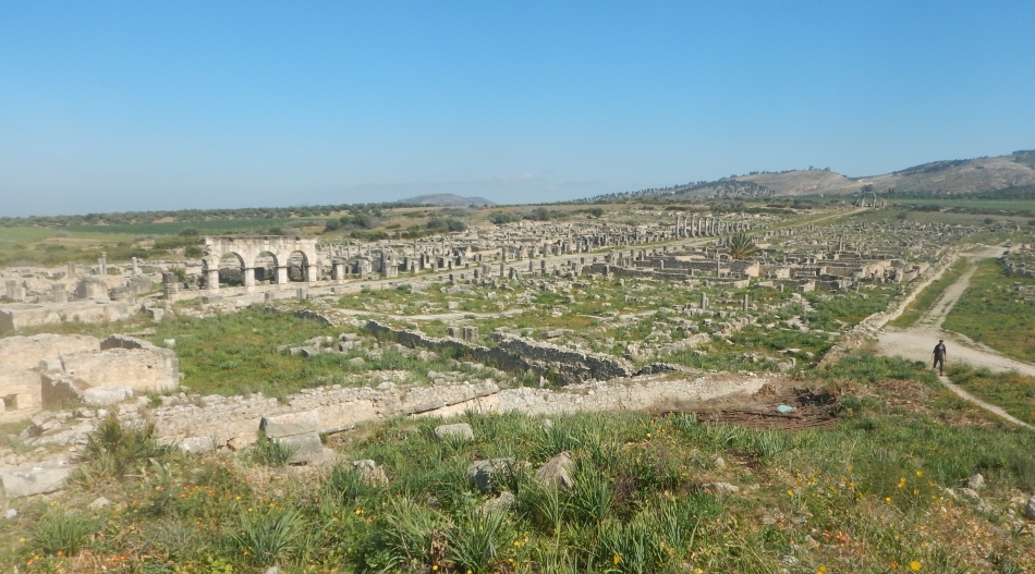 Le quartier résidentiel du nord-est de Volubilis autour du decumanus maximus aboutissant à son terminus est à la Porte de Tanger.