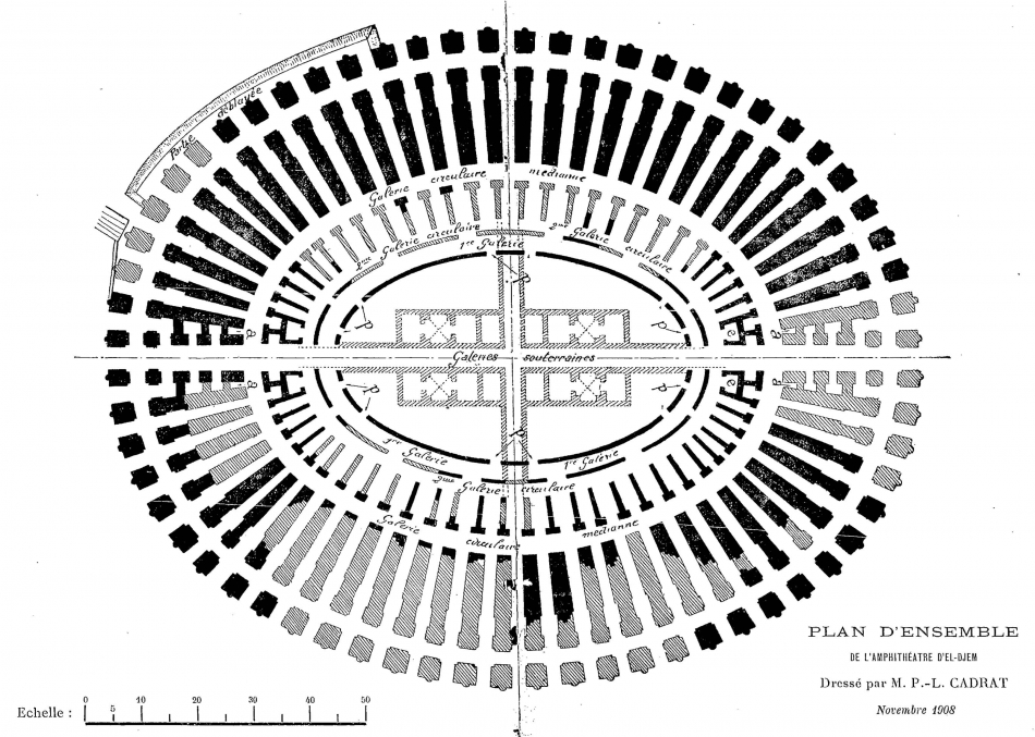 Plan d’ensemble de l’amphithéâtre d’El-Jem, dressé par M. P.-L. Gadrat, novembre 1908.