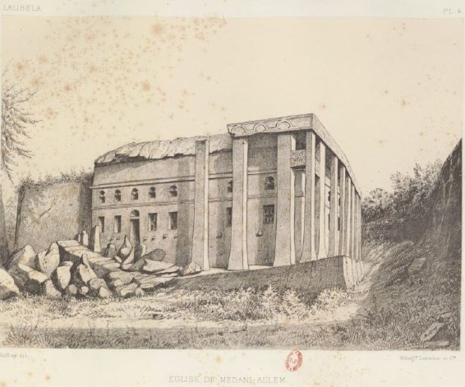 Gravure d’Achille Raffray, représentant l’église de Madḫanē ’Alam en 1881, dans un piteux état de conservation.